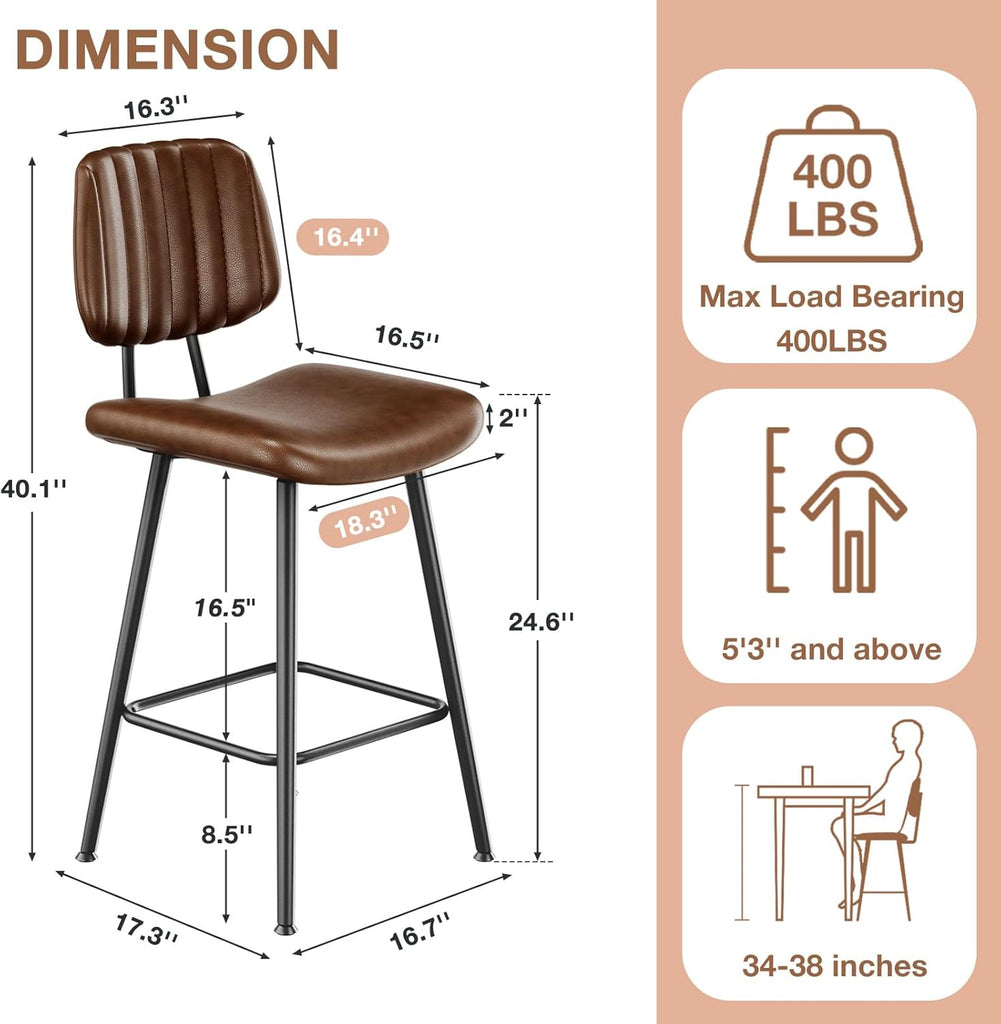 24-Inch Leather Bar Stools Set of 3, Counter Height Barstools with High Backrest，Bar Chairs Island with Heavy Duty