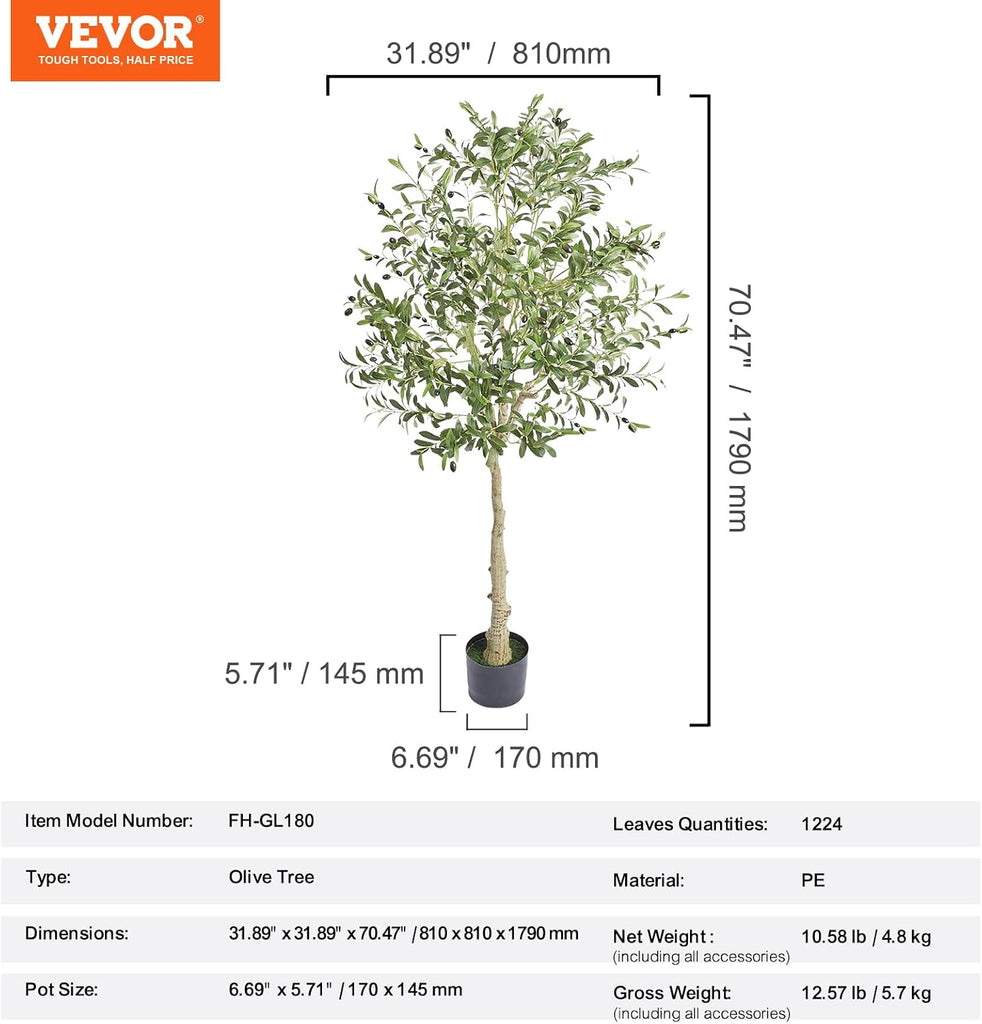 Artificial Olive Tree, 6 FT Tall Faux Plant, Secure PE Material & Anti-Tip Tilt Protection Low-Maintenance Plant