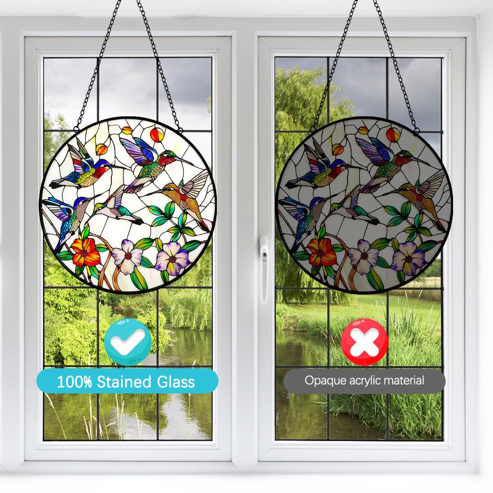 Hummingbird and Flowers Stained Glass Window Hanging - 8′′ Hummingbird Suncatcher Indoor Window Hanging Decor Birds
