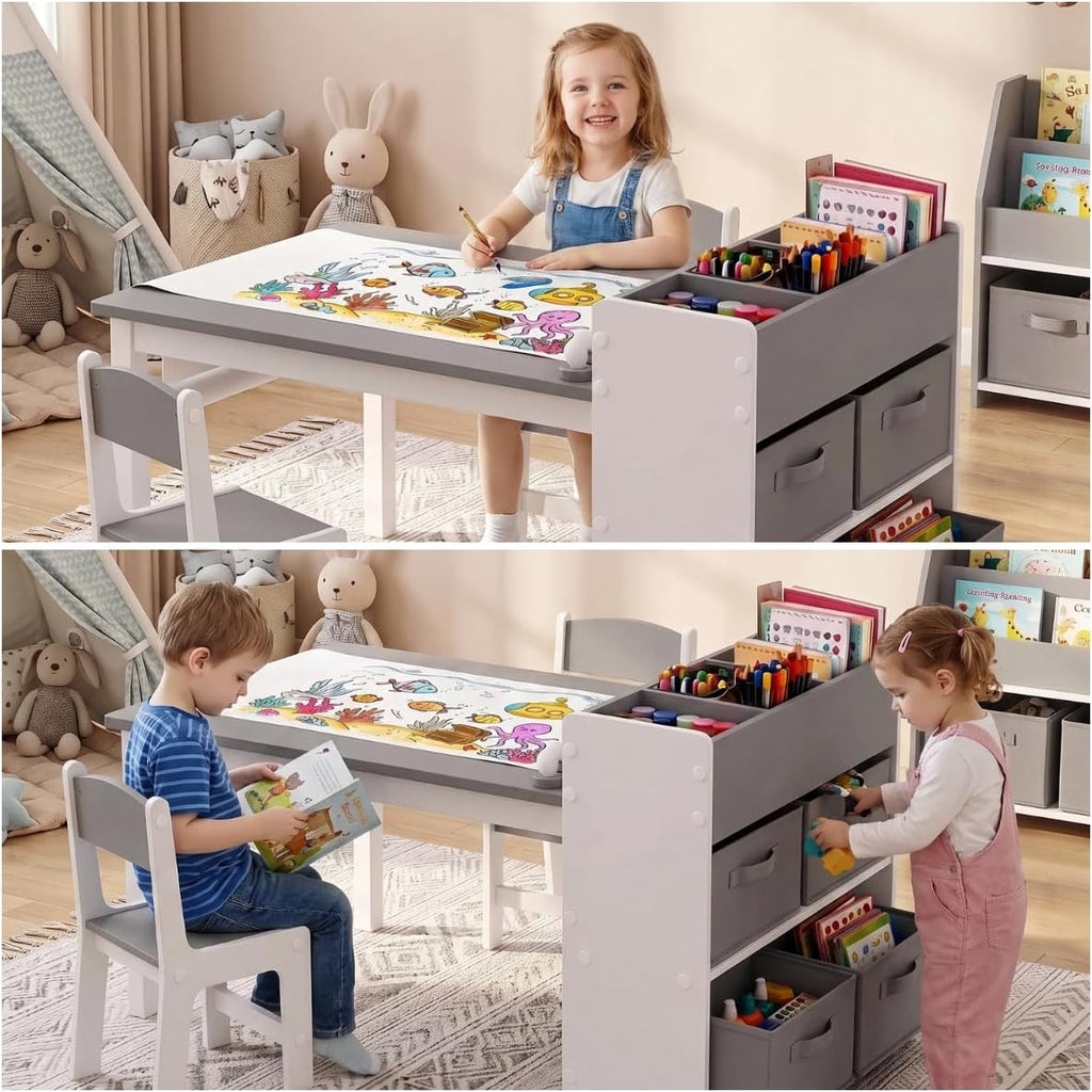 Kids Art Table & 2 Chairs Set, Wooden Activity Craft Desk w/ Paper Roll
