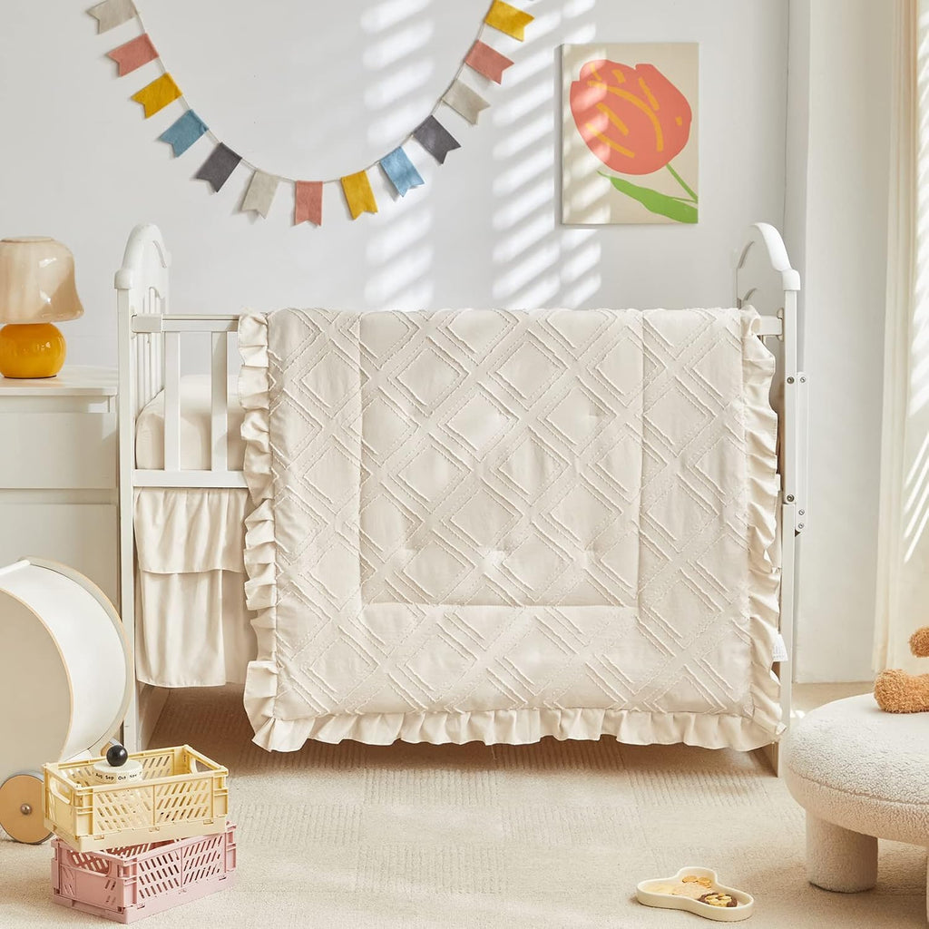 Tufted Ruffle Crib Bedding Set 3 Pieces Baby Boho Quilted Comforter with Fitted Sheet and Bed Skirt - Cute Ruffled