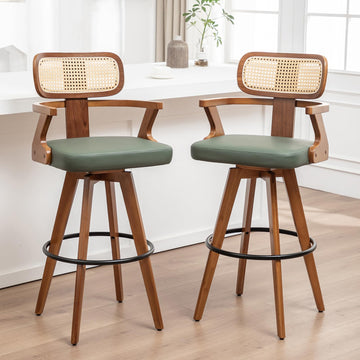 Rattan Swivel Bar Stools, Mid Century Modern Barstools with Curved Back