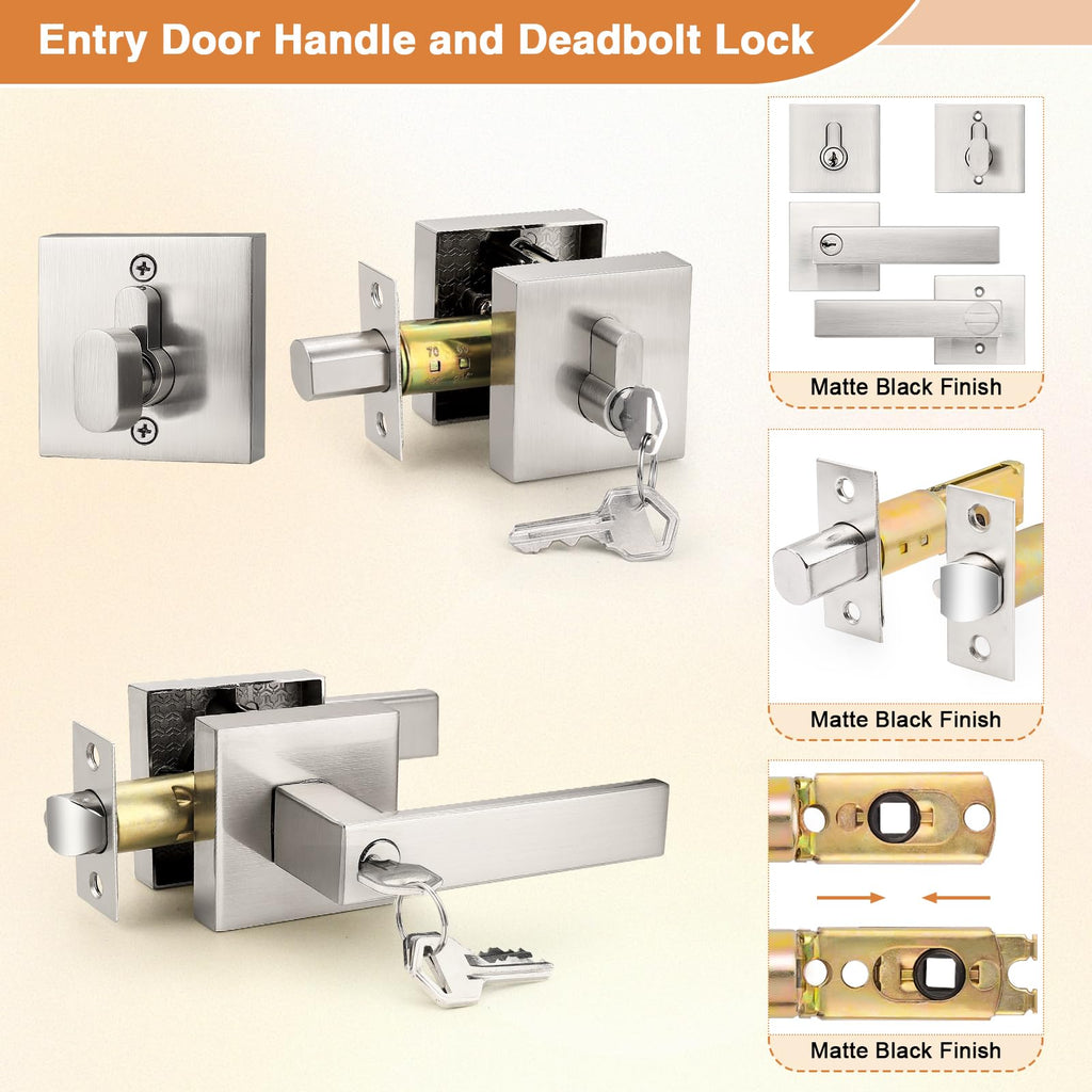 Satin Nickel Square Entry Levers Locksets and Single Cylinder Deadbolts Combination Set, Heavy Duty Front Door Office