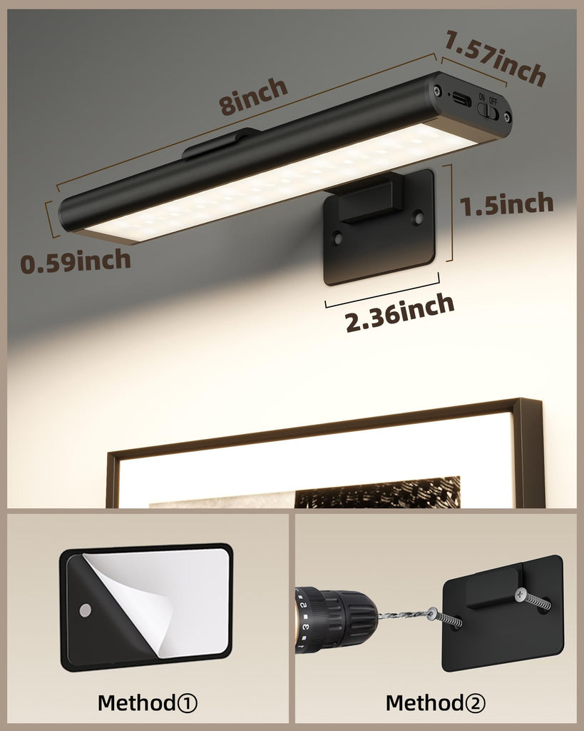 Picture Light for Wall, Rechargeable 2400mAh Lights Wireless with IR Remote, 3 Color & Dimmable Magnetic 7.8'' LED