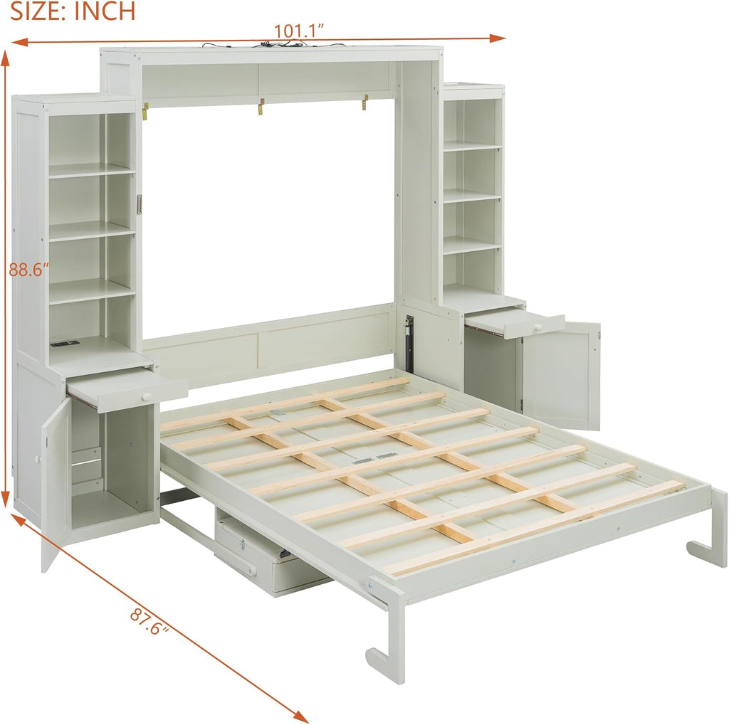 Queen Murphy Bed with Desk & Storage, Wood Wall Bed for Apartments Bedroom Home Office Studio (White#B, Queen)