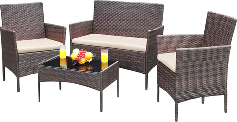 Greesum Patio Furniture 4 Pieces Conversation Sets Outdoor Wicker Rattan Chairs Garden Backyard Balcony Porch Poolside