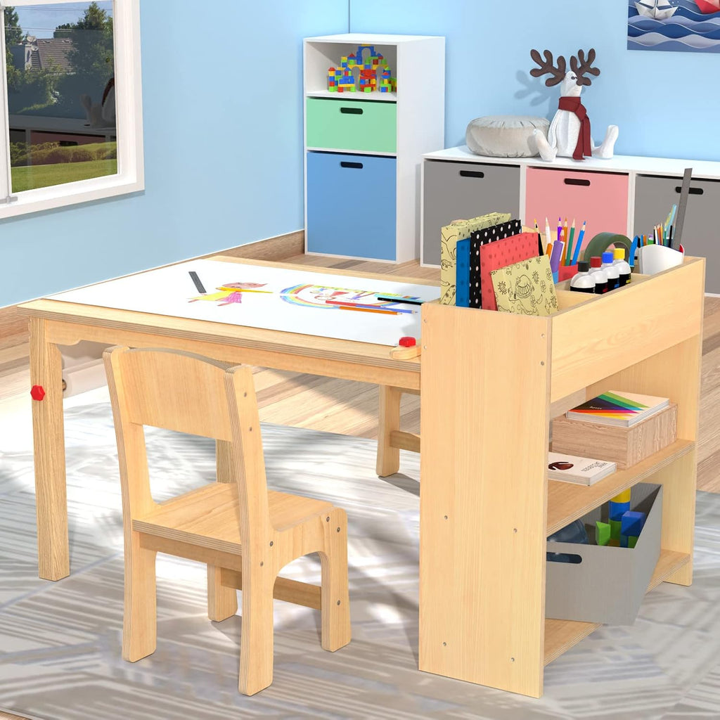 Kids Art Table Set with 2 Chairs, Solid Wood Legs, 150 lb Per Chair