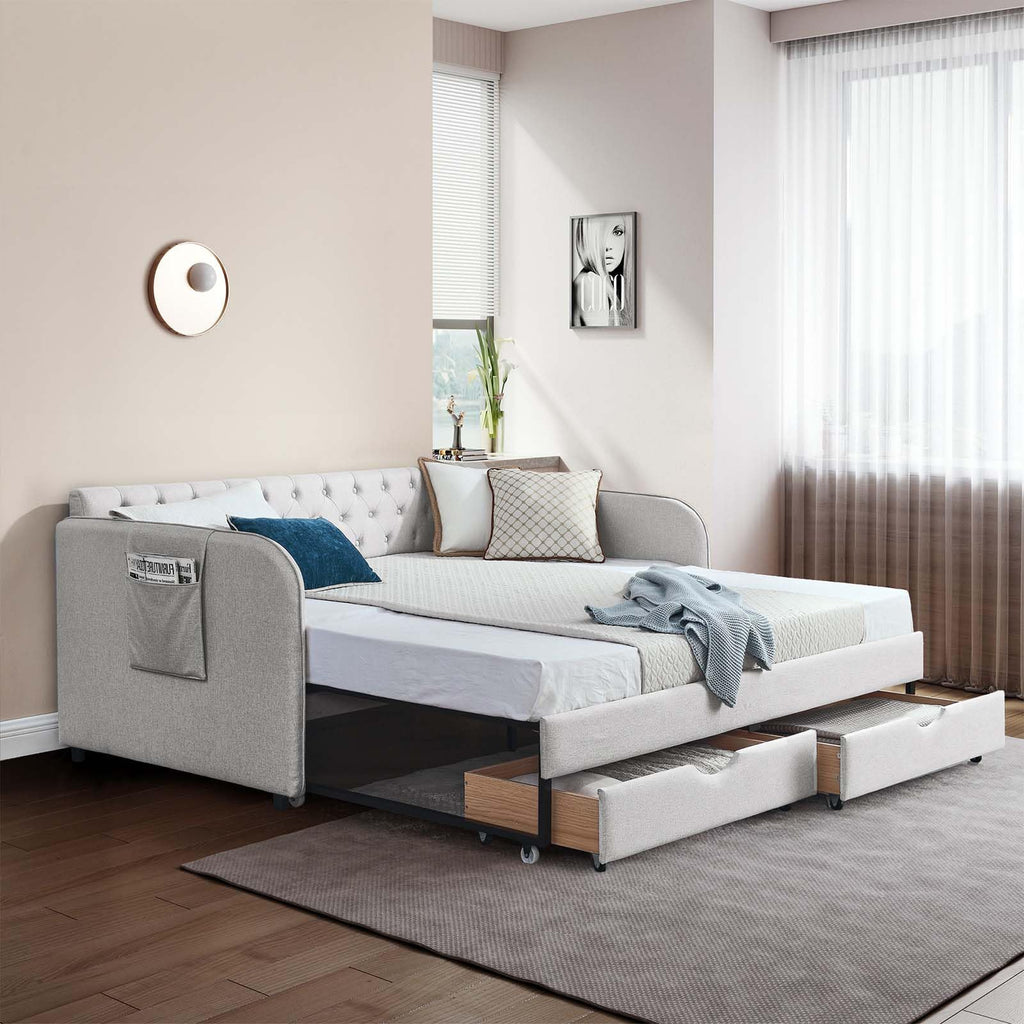 80.5" Daybed with Drawer, Modern Button Tufted Linen Day Bed with Trundle Bed Twin to King, Upholstered Daybed Frame