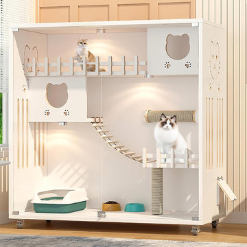 Wooden Enclosed Cat House Large Space, Cat Cage with Wheels, Multi-Feature Cat Enclosures for Indoor Cats