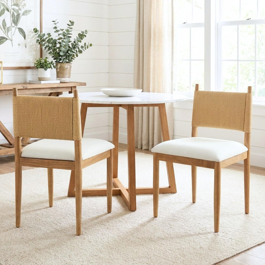 Modern Coastal Woven Dining Chairs Set of 6, Natural Oak Wood