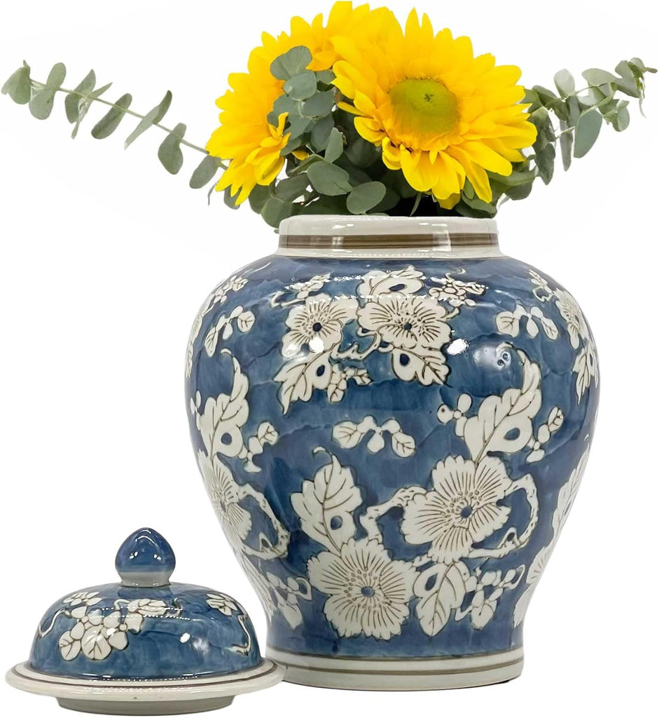 Blue and White Flower Chinoiserie Ginger Jar 12" w/Lid Ginger Jar, Tea Storage Decorative Home Decor Jar