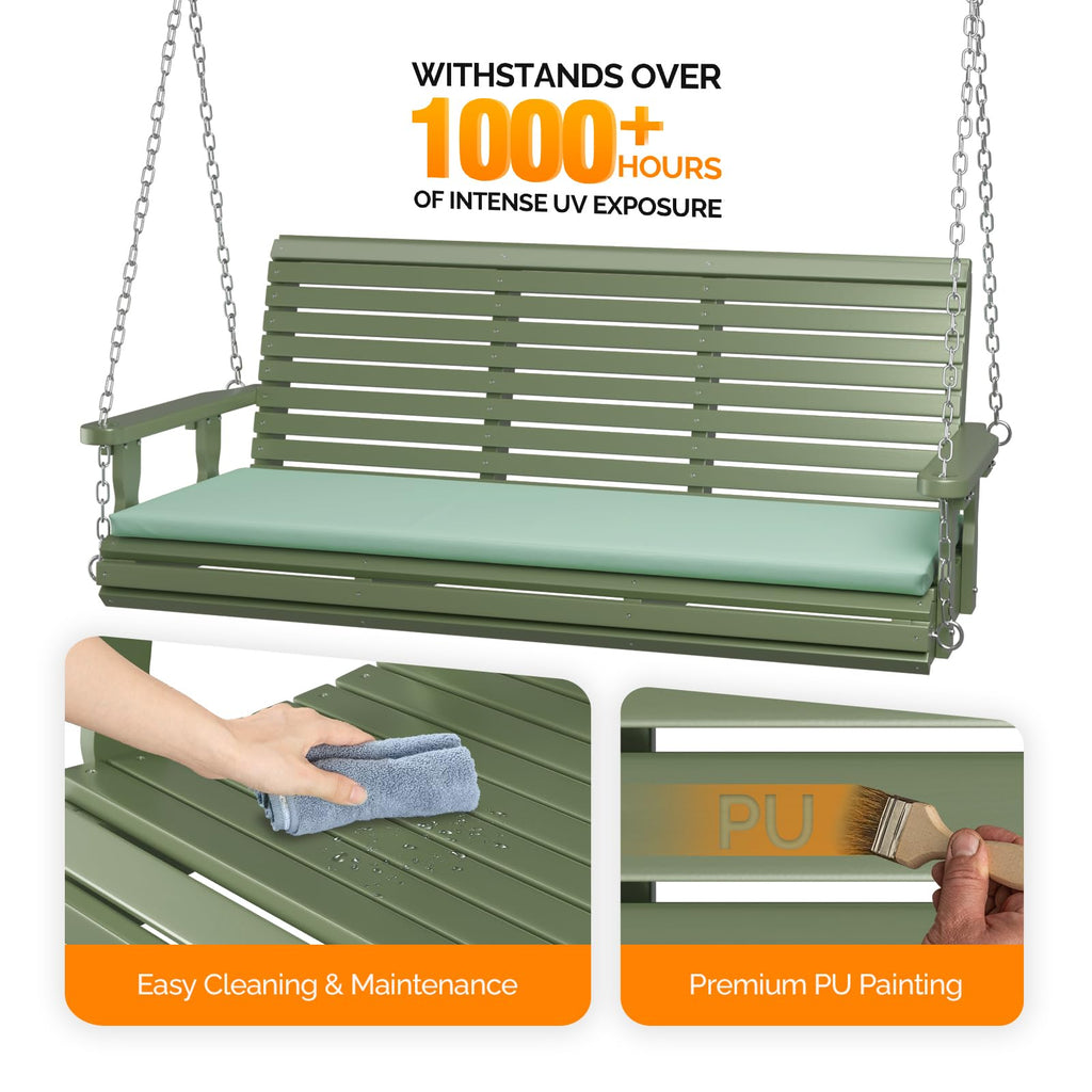 Wooden Porch Swing, Heavy Duty 880 LBS Hanging Patio Bench with Extra Cushion for Lawn| Garden| Courtyard (Green, 5