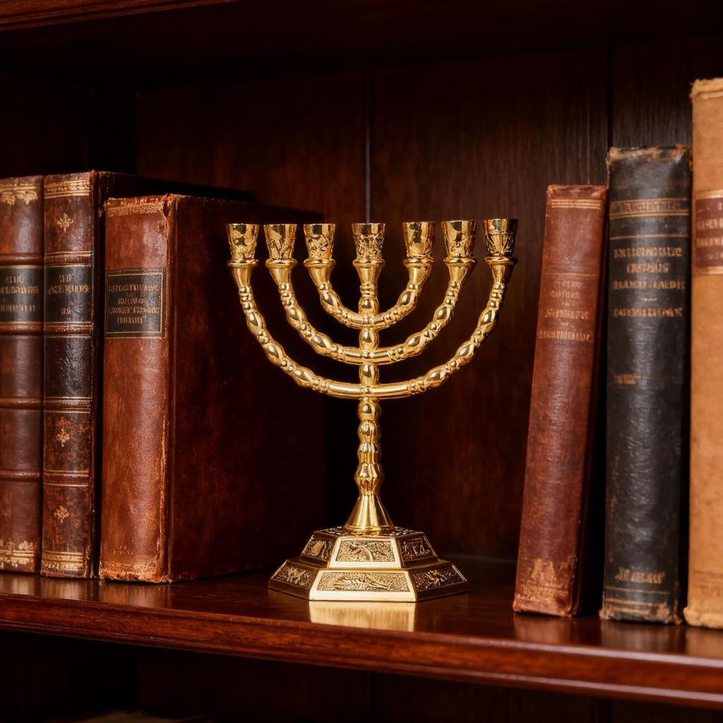Hanukkah Candle Holder 7-Branch Jerusalem Temple Decoration Golden