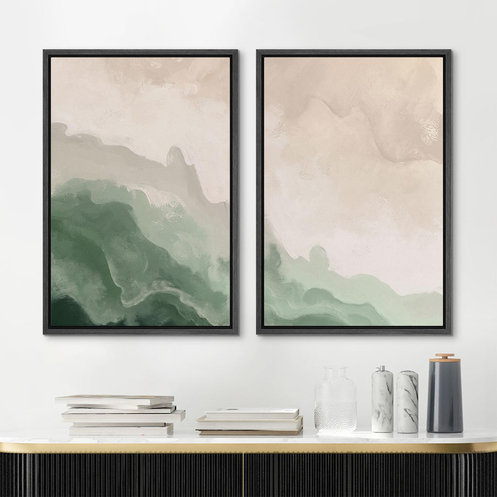Framed Canvas Print Wall Art Soft Green and Beige Abstract Calming Watercolor Landscape Illustrations Modern Art