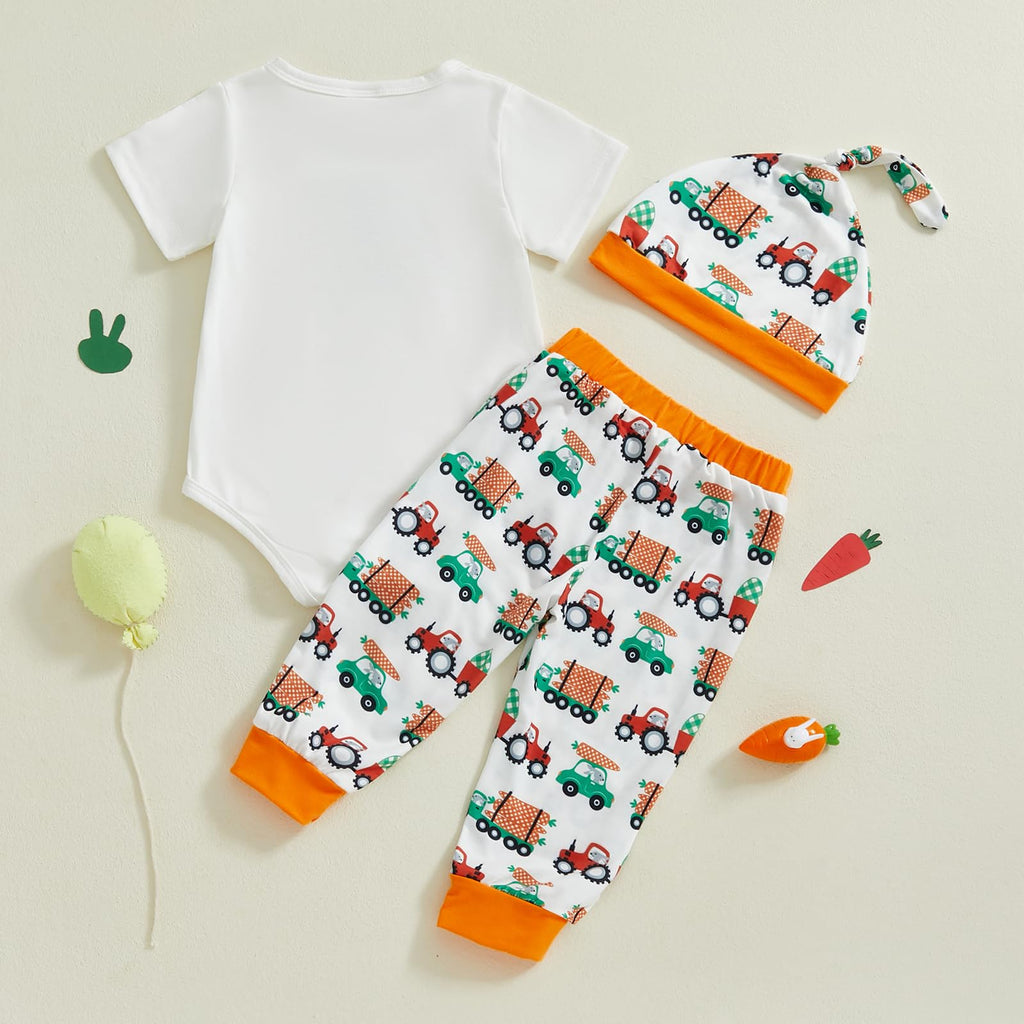 Newborn Baby Clothes Boy Funny Letter Short Sleeve Onesie Romper+Long Pants Set Infant Summer Outfits (White Easter