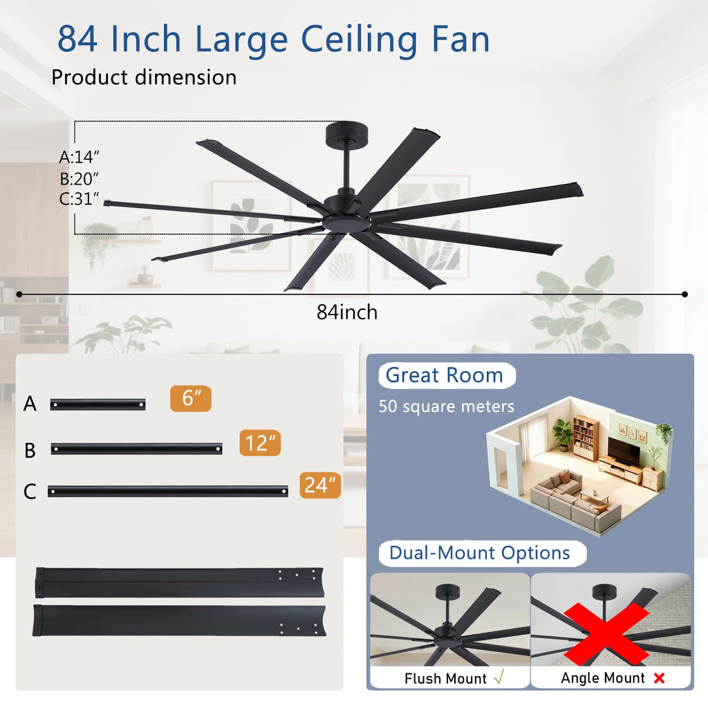 84 inch Large Ceiling Fans No Lights with Remote Control, Black Modern Industrial Ceiling Fan for Garage Living Room