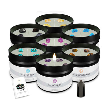 7 Chakra Crystal Candles Set - Scented Soy Candles with Natural Crystals & Surprise Crystal Wand - Meditation, Yoga &