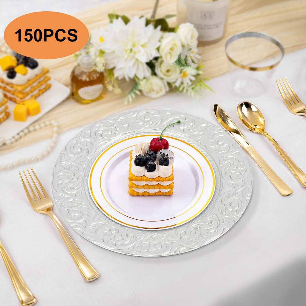 150 Pcs Antique Charger Plates Bulk Round Plastic Dinner Plate Embossed Rim Server Plate Decorative Chargers Floral