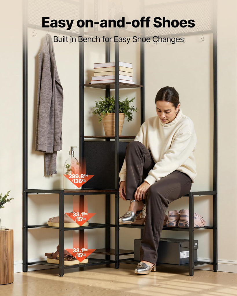 Corner Hall Tree with Shoe Bench, 70.9 in Coat Rack with Hooks and Steel Frame, Freestanding Clothes Shoes Rack