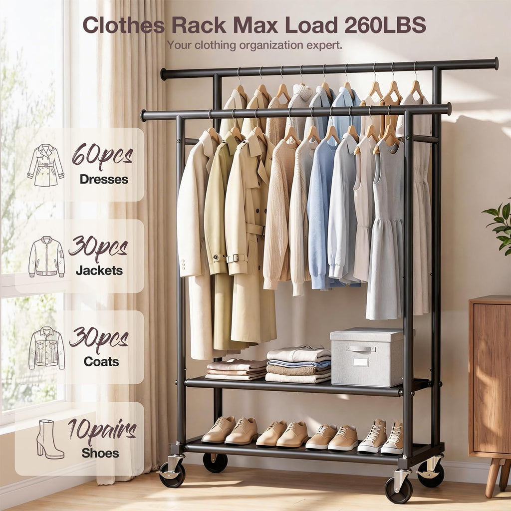 Portable Clothes Rack Rolling Garment Rack with Wheels 26OLBS Black