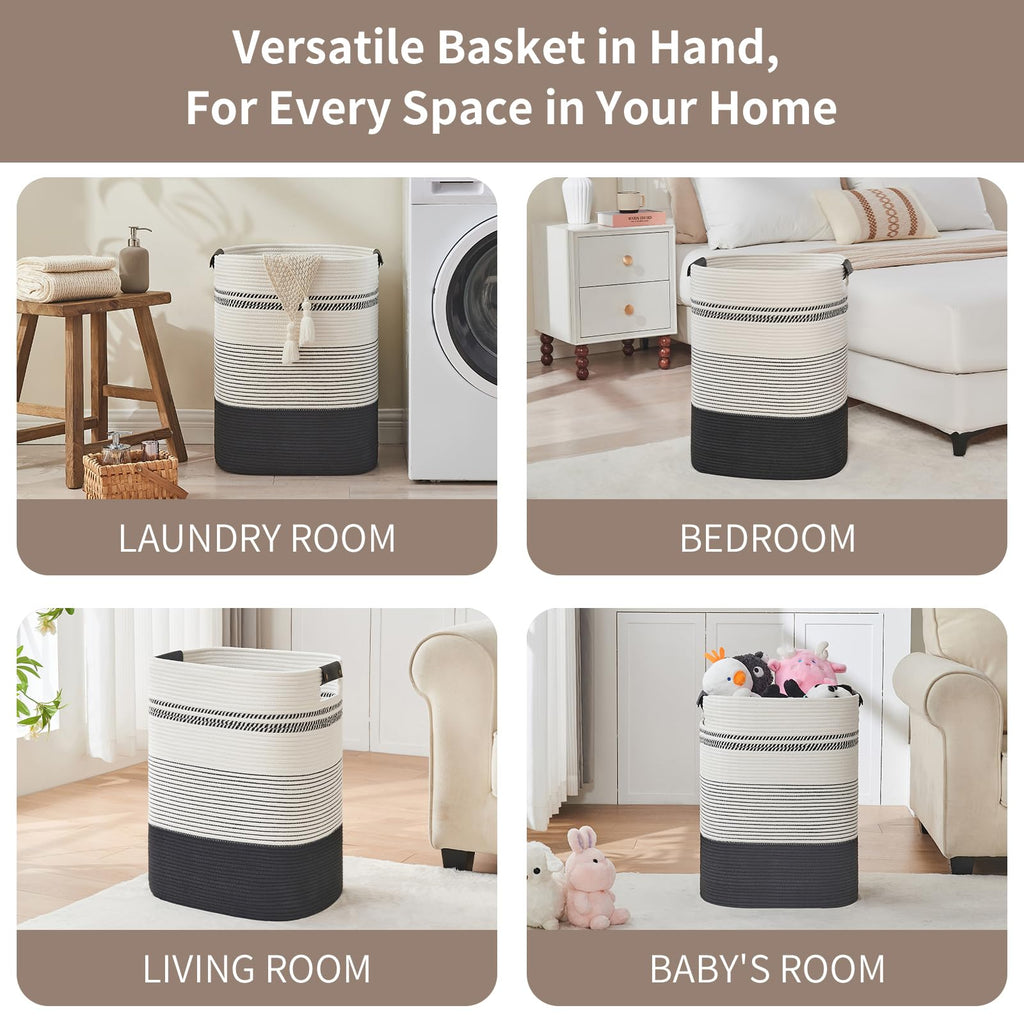 Laundry Hamper - Large Laundry Basket with Leather Handles, Decorative Storage Basket for Blankets - Clothes Hamper