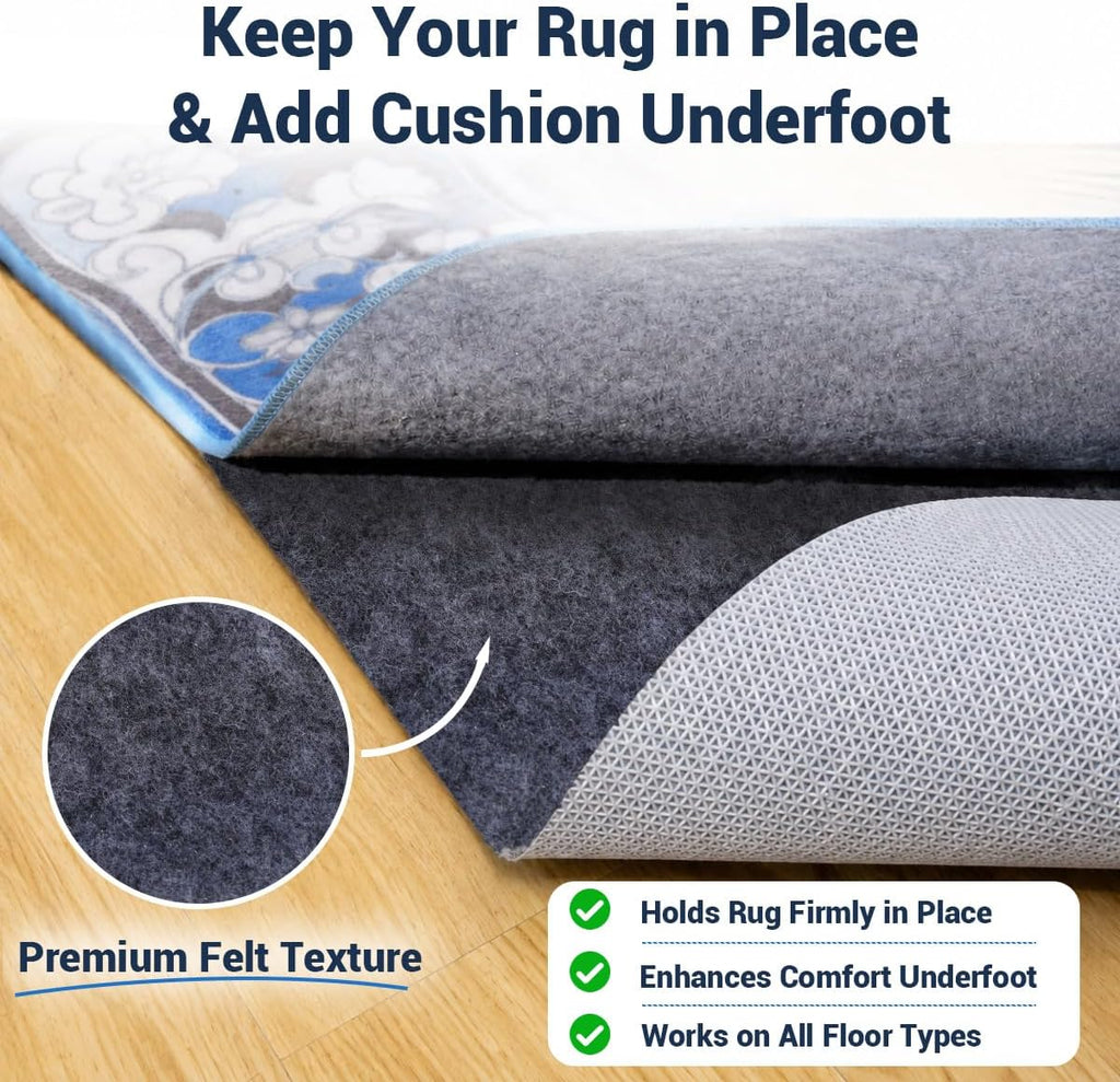 Non Slip Rug Pad 8x10 Ft, 1/8 Inch Thin Felt & Rubber Backing, Non Skid Rug Gripper for Hardwood Floors, Anti-Slip - Set of 80