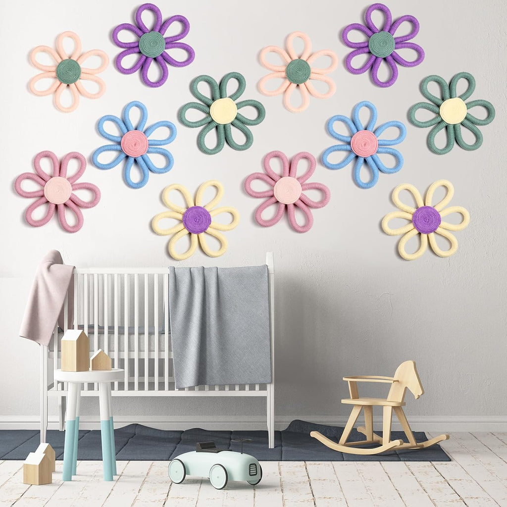 6 Pcs Boho Nursery Decor Flower Daisy Wall Art 6 Inch Woven Macrame Wall Hanging Bohemian Flower Decor Daisy Nursery