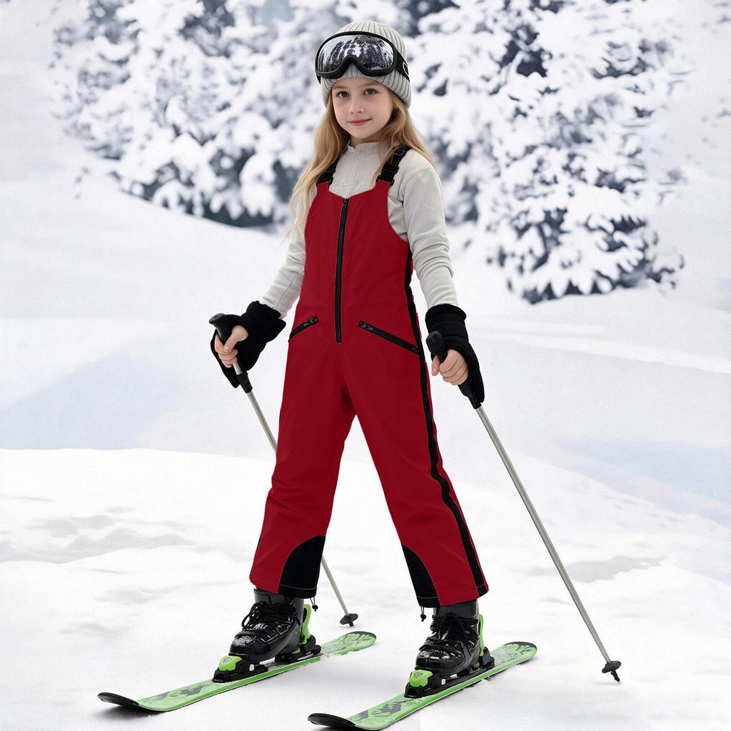 Boys Girls Ski Bib Overalls Adjustable Snowpants Red
