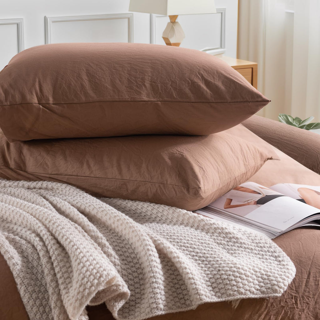 Duvet Cover Set Queen Size Linen Textured Organic Natural 100% Washed Cotton Duvet Cover Mocha Brown 3 Pieces Bedding
