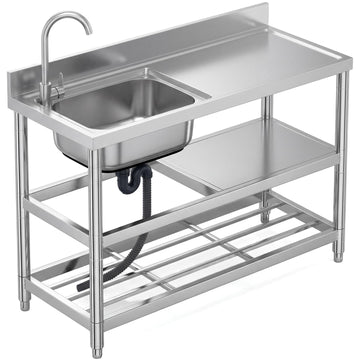 Free Standing Stainless-Steel Single Bowl Commercial Kitchen Sink w/Faucet