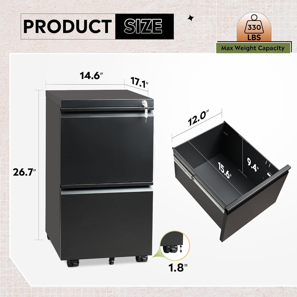 2 Drawer Metal File Cabinet, Fully Assembled Filing Cabinet | Under Desk Mobile File Cabinet with Lock , Fits