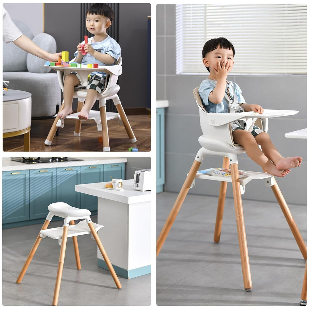 High Chair, 6 in 1 Wooden Convertible High Chairs for Babies and Toddlers, Booster Seat with Double Tray & Reversible