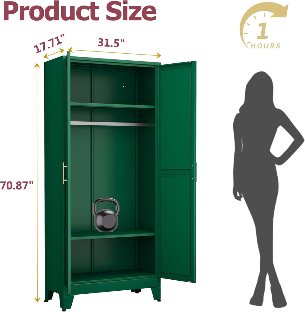 Metal Wardrobe Cabinet with Hanging Rod, Clothing Storage Cabinets | with 2 Doors and Adjustable Shelves, 71" Metal
