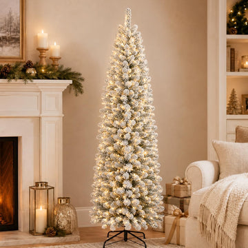 Prelit Slim Pencil Flocked Artificial Christmas Tree-WarmWhite