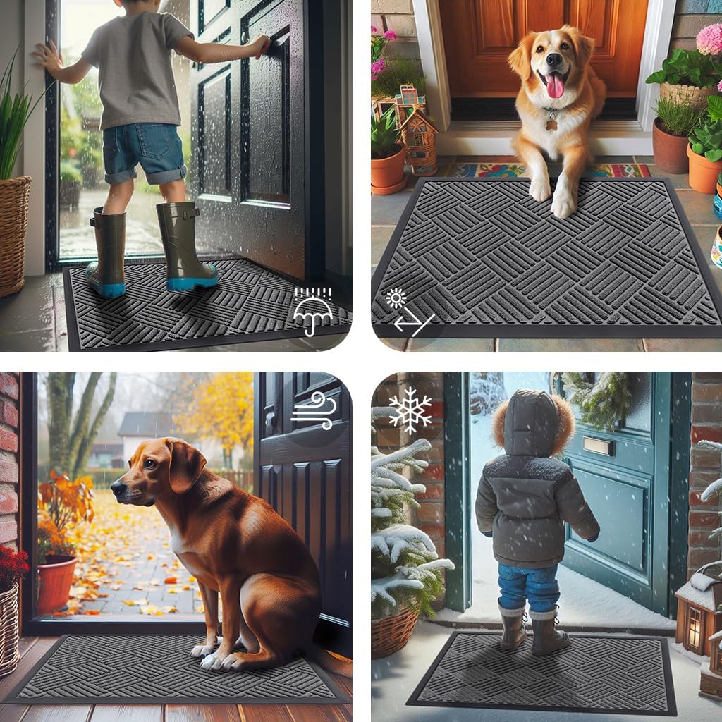 Front Door Mat Outside Entrance, Natural Rubber Doormat, 47x23 Inch | Grey, Non Slip, Trap Dirt and Moisture, Easy