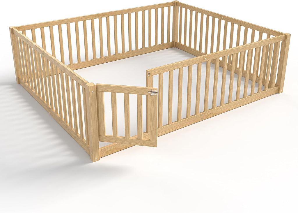 Queen Size Floor Bed with Door and High Guardrail, Queen Size Montessori Floor Bed with Fence, Easy Assemble