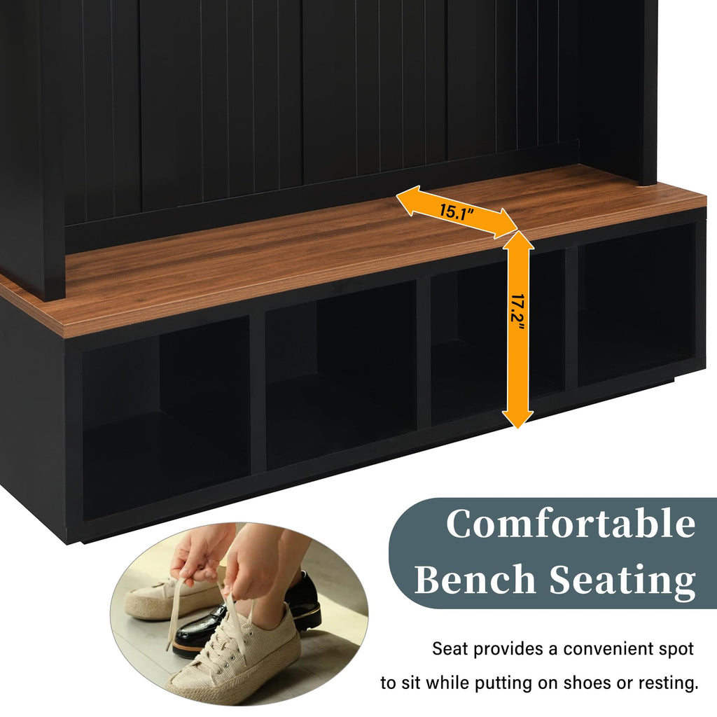 Wood Rustic 59''W Hall Tree Entryway Bench with 4 Hooks and Cabinets, Farmhouse Mudroom Versatile Coat Racks with