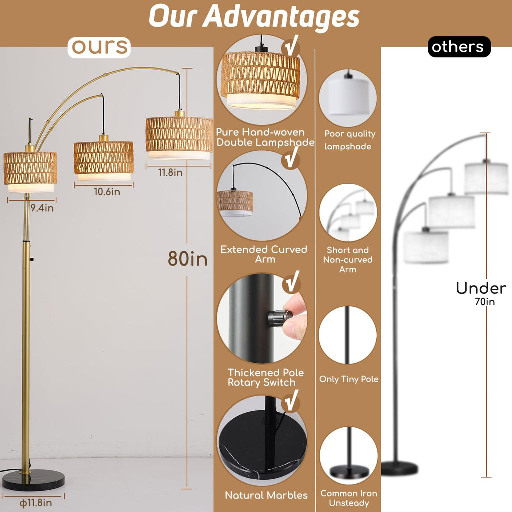 80'' Brushed Gold Rattan Arc Floor Lamp, 3-Light Boho Lamp