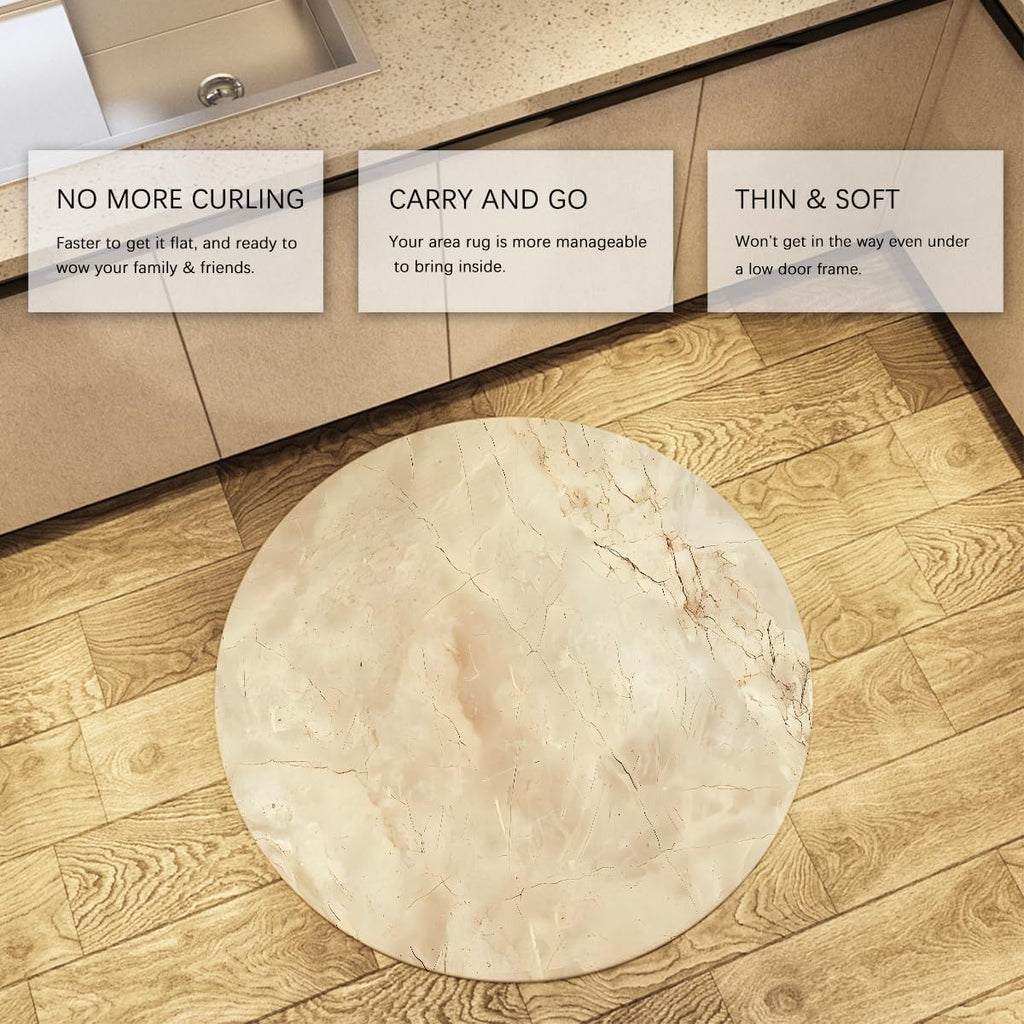 Scandi Washable Round Rug Non-Slip Neutral Stone Cracks Veins Circle Accent Rugs Modern Marble Beige 4ft