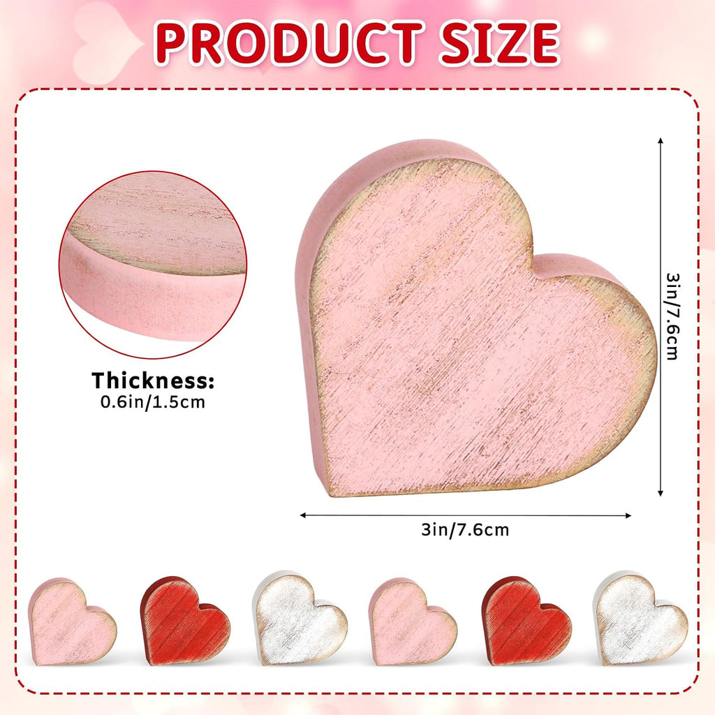 Wooden Valentine's Day Hearts Decorations Indoor, Wood Heart Blocks Tiered Tray Decor, Red Pink White - Set of 6