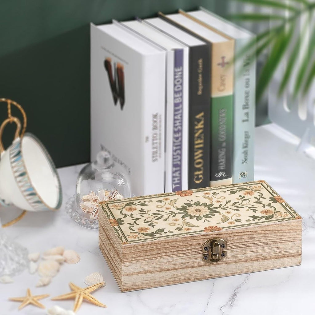Boho Floral Wooden Storage Box (7.9" X 3.9" X 2.3"),Vintage Wooden Jewelry Box with Hinged Lid Natural Wood Keepsake