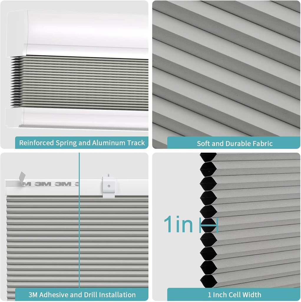 No Tools No Drill Cordless Cellular Window Shades 18"W x 64"H Grey