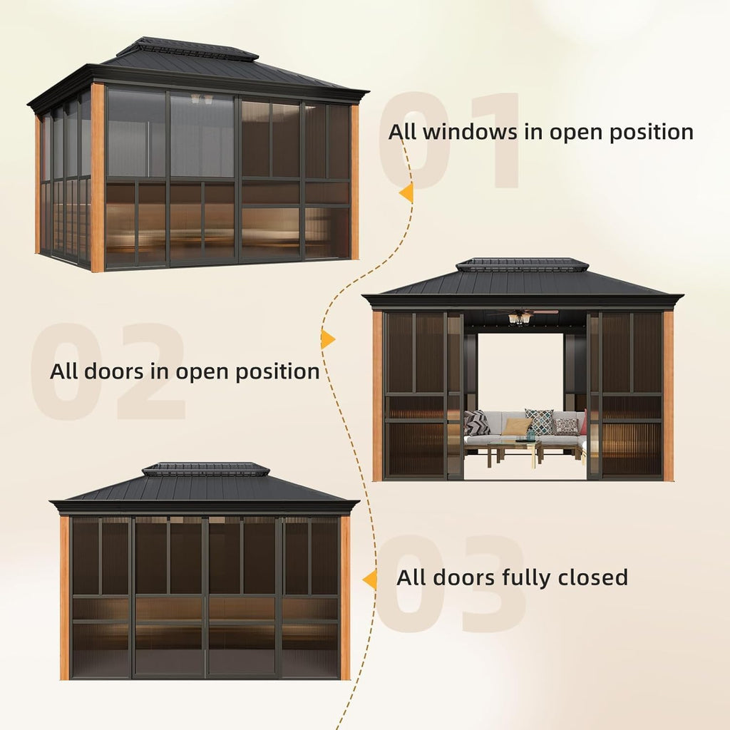10x12 Wood Grain Sunroom Gazebo, Fully Enclosed Outdoor Sunroom with Sliding Doors