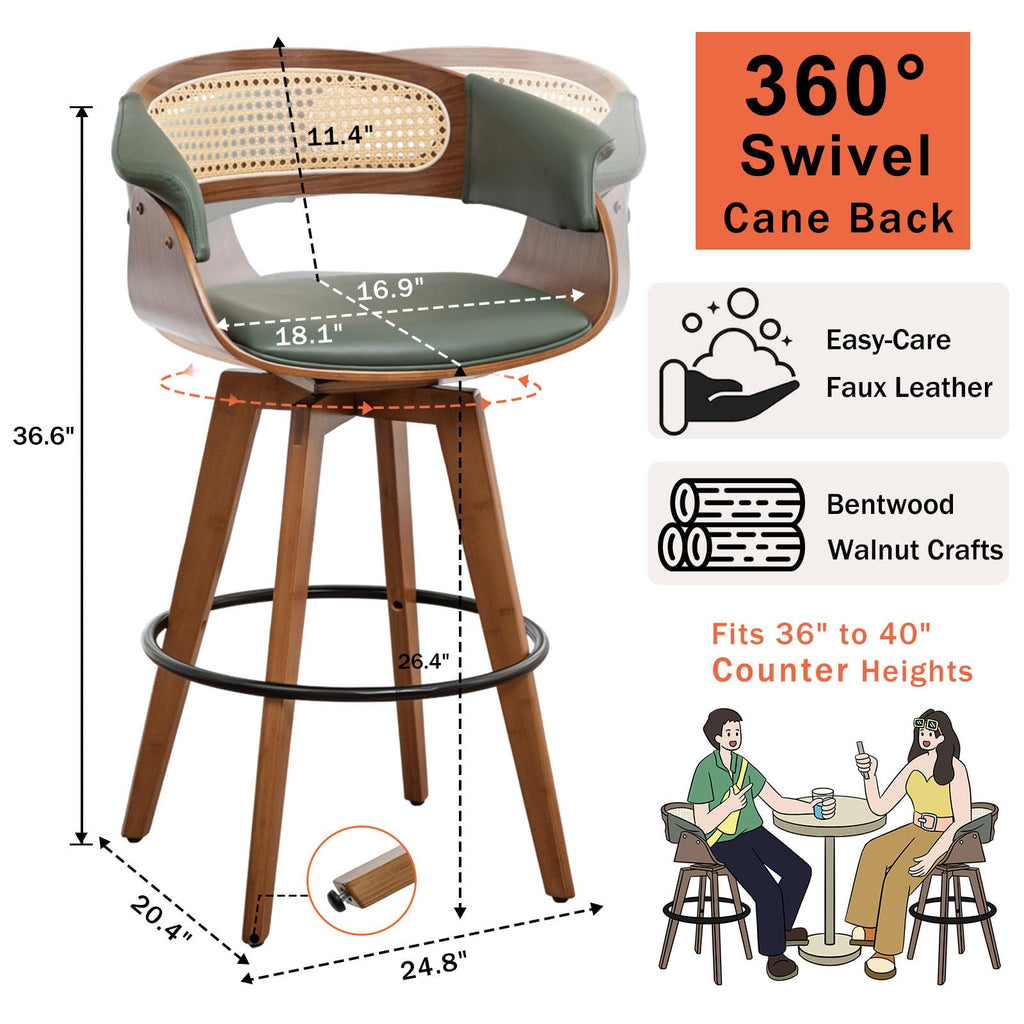 Rattan Swivel Counter Stools, Mid Century Modern Counter Stools with Back