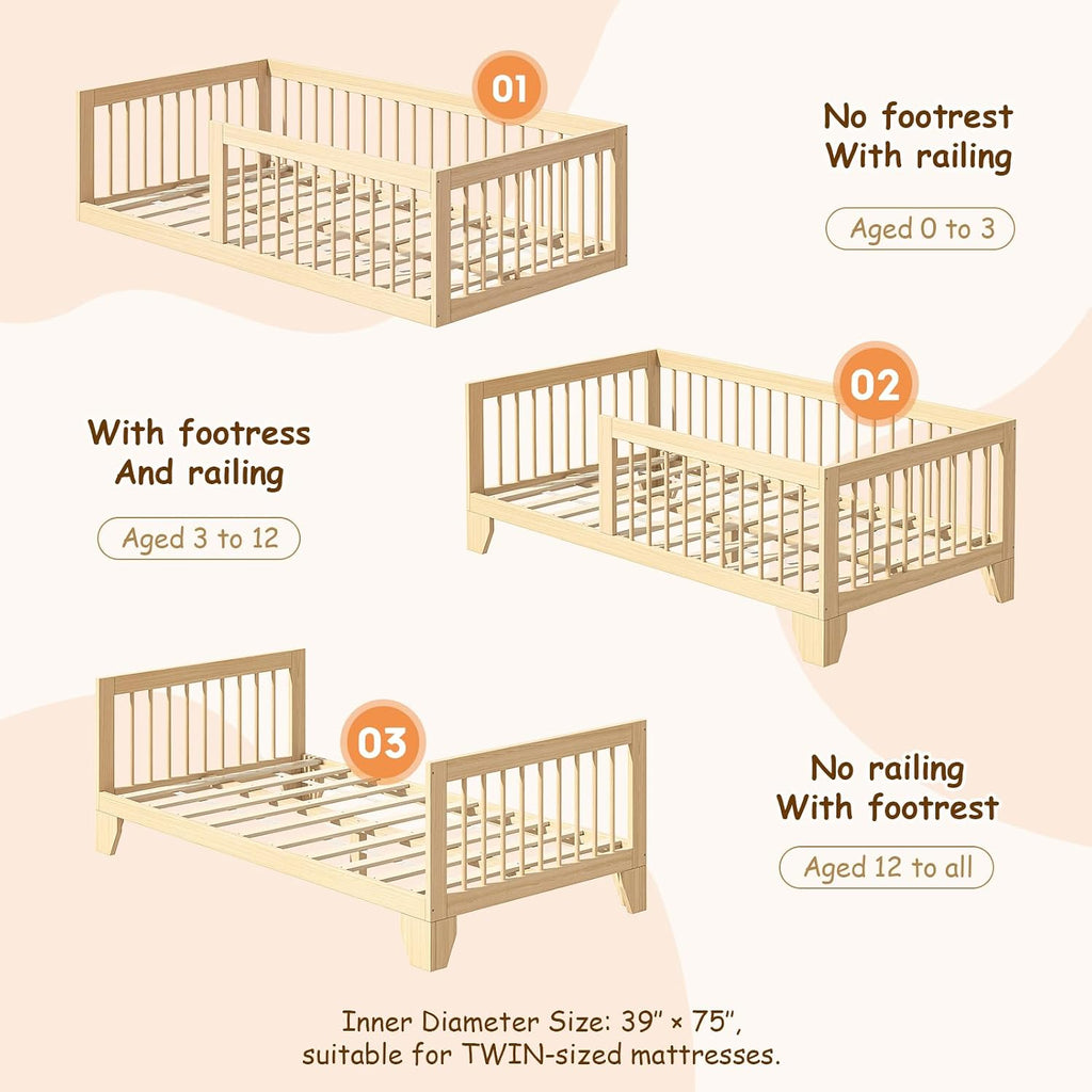Montessori Floor Bed for Kids, Removable Rails, Burlywood