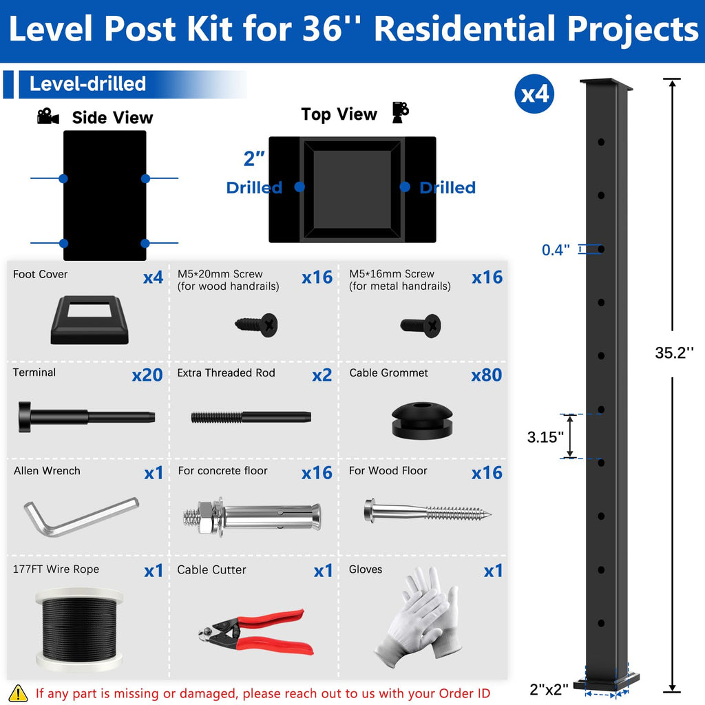 36" Modular 12-16FT Cable Railing Post Kit for Deck Surface Mount