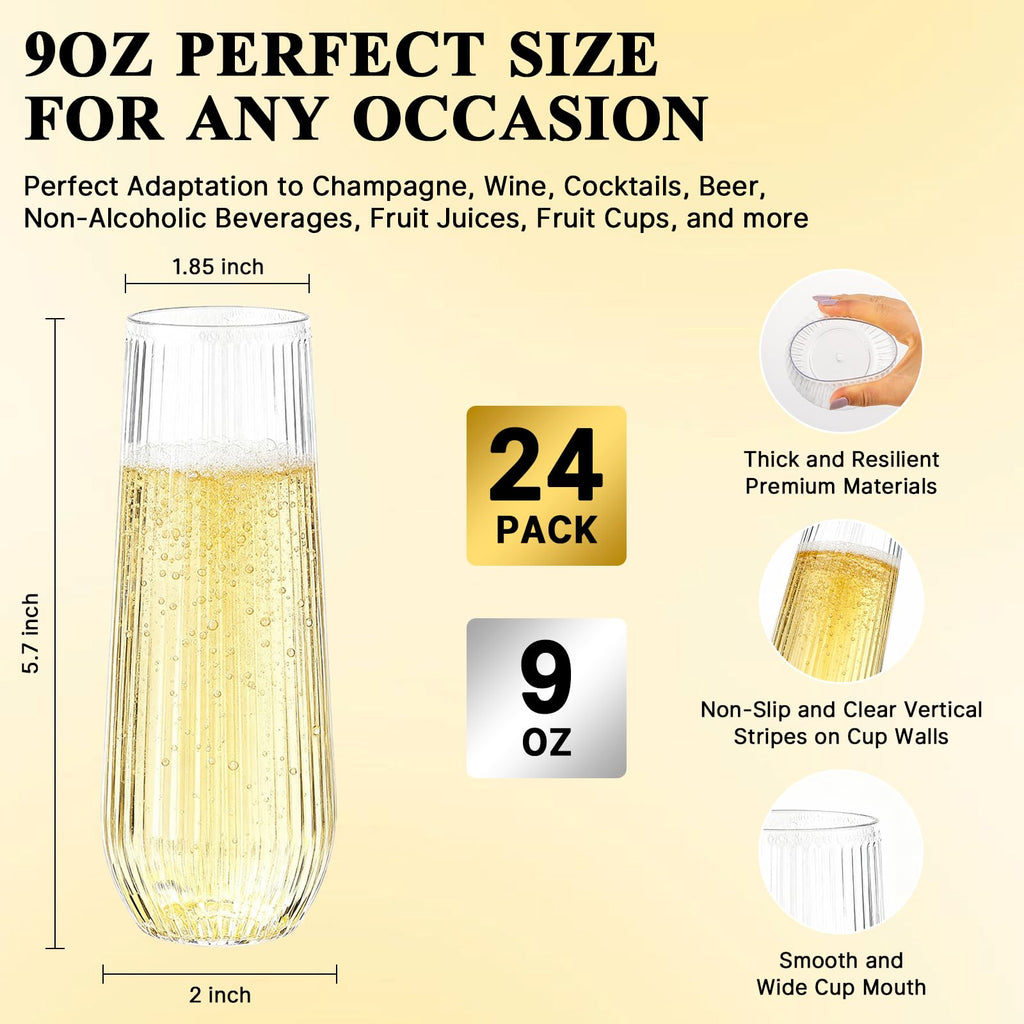 24pack Clear Plastic Champagne Flutes, 9oz Stemless Champagne Flute