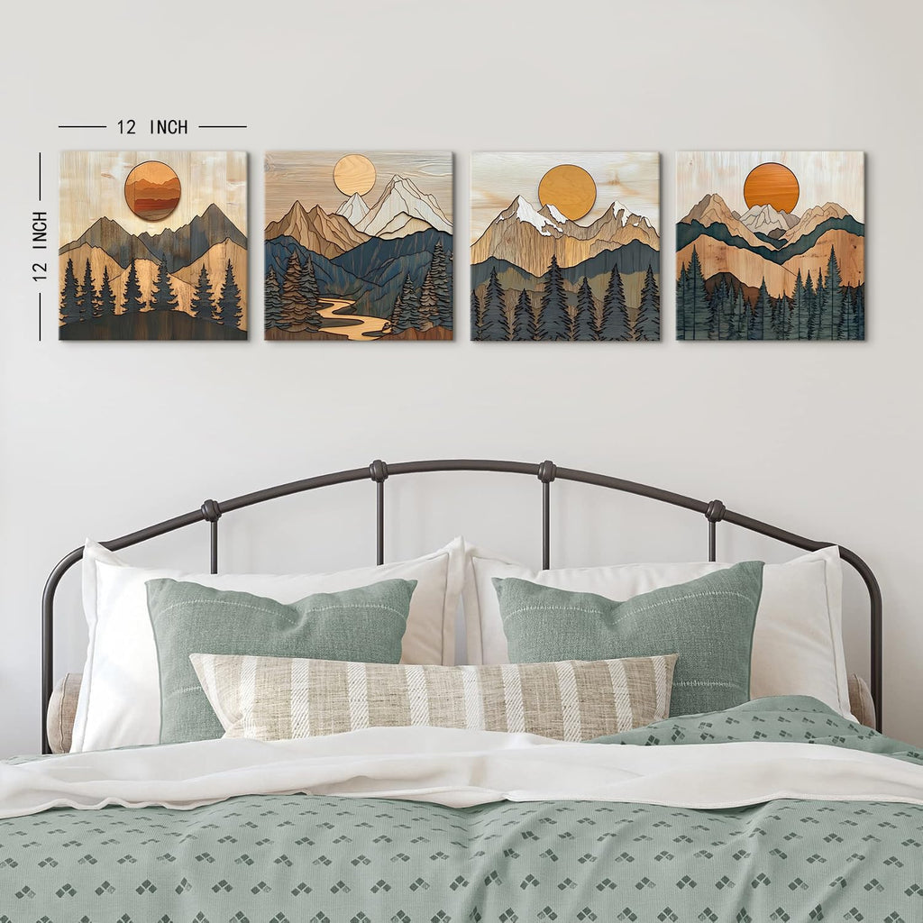 Boho Mountain Wall Art Mid Century Modern Decor Sunset Forest Landscape Canvas Prints Abstract Pine Trees Wall