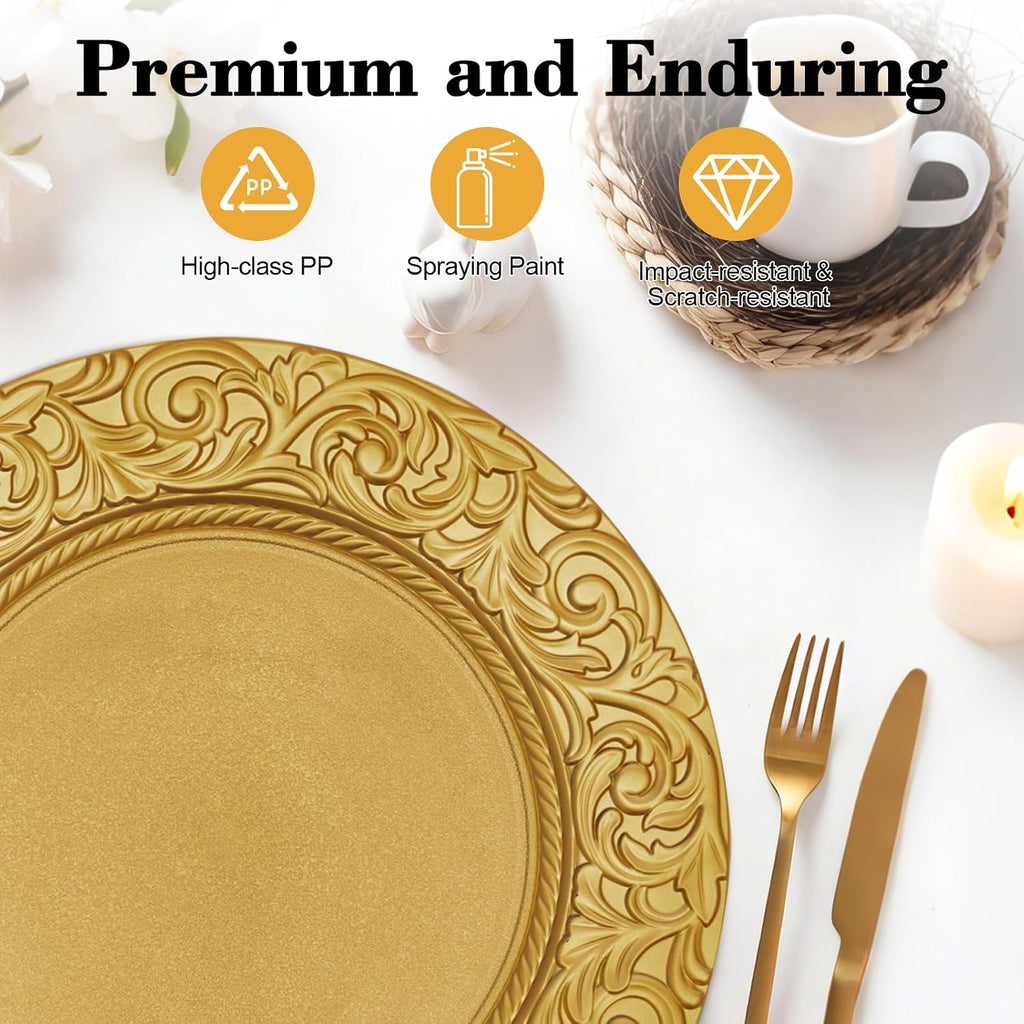 Gold Charger Plates Bulk, 13 Inch Round Charger Plate Set, Plastic Embossed Dinner Chargers Floral Plates - Set of 100