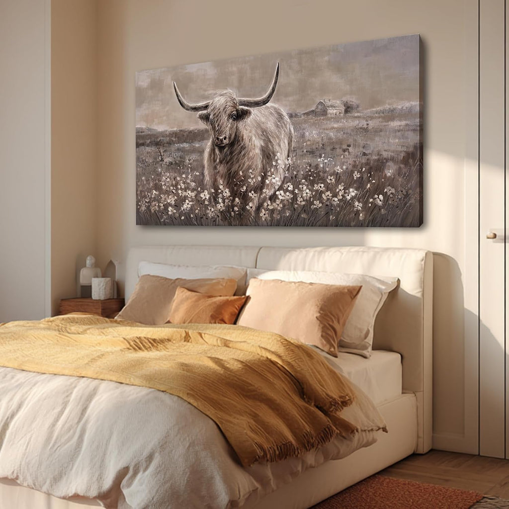 Beige and Brown Highland Cow Canvas Wall Art - Inch Framed Large Painting for Rustic Farmhouse Living Room